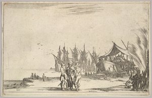 Three Men Wearing Hats Standing in Center, Men Fixing a Ship to Right, Five Ships and Various Figures by Stefano della Bella