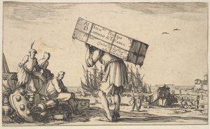 Title Page: A Man Carrying a Case on His Back in Center, Three Men Looking Towards Him