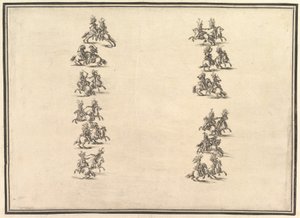 Twenty-four riders dueling and forming two columns, from La Gara delle Stagioni