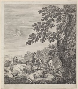Two Riders Passing Near a Herd of Animals