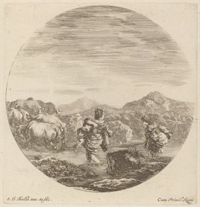 Two Women Fording a Creek with a Herd of Cows by Stefano della Bella