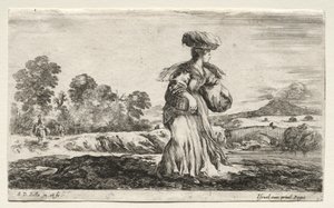 Various Figures and Landscapes: Peasant Woman Carrying a Basket on her Head by Stefano della Bella