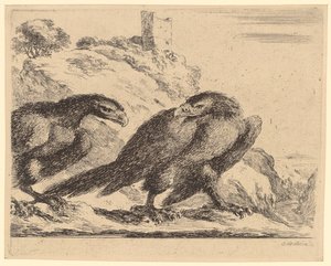 Two eagles by a castle ruin, plate 2 of the series "Eagles" by Stefano della Bella