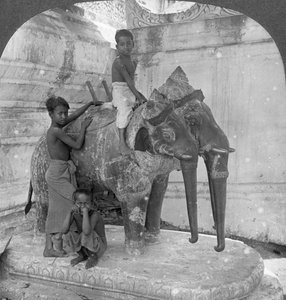 Three headed elephant guarding a sanctuary, Arakan Pagoda, Mandalay, Burma