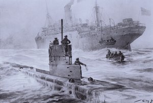 Sinking of the British merchant ship Linda Blanche by German submarine U-21 off Liverpool, World War I, 30 January 1915 by Willy  Stoewer 