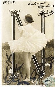 N: Cleopatre Diane de Merode, called Cleo de Merode, dancer from the Belle Epoque, trained at the Opera de Paris - Theatre des Folies Bergere, Paris - Alphabet in postcard