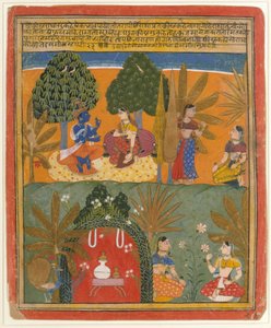 Krishna and Radha with Their Confidantes: Page from a Dispersed Gita Govinda by Style of Manohar