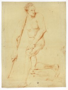 Academic Male Nude Leaning on Staff by Style of Pompeo Girolamo Batoni