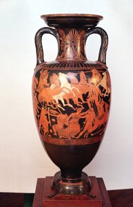 Attic red figure amphora depicting Ares and Aphrodite in a chariot fighting the giants