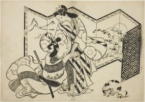 Lovers, a Cat, and a Mouse in front of a Folding Screen by Sugimura Jihei