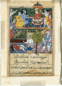 Page from Tales of a Parrot Tuti-nama: Eighth night: The young prince is crowned by Suraju