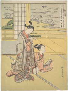 A Young Man and Woman with a Shamisen; Monk Saigyō, from a Series Alluding to the Three Evening Poems (Sanseki waka) by Suzuki Harunobu