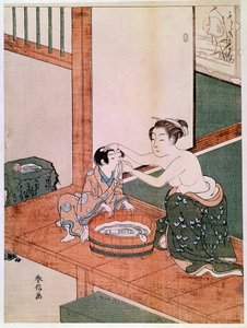 A naked mother washing her child in Japan near a basin filled with water. Prints by Haronobu Suzuki. 1766-1768. Paris, Guimet Museum, National Museum of Asian Arts