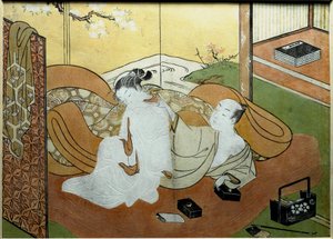 Couple of lovers lying in an interior with screen, calligraphy box. Nishiki-e print by Suzuki Harunobu by Suzuki Harunobu