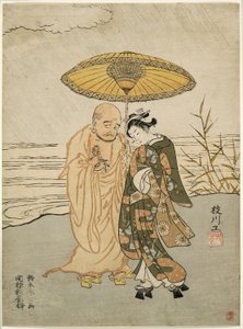 Daruma and a Young Woman in the Rain by Suzuki Harunobu