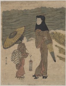 Lady with Black Hood and Umbrella Walking with Young Attendant by Suzuki Harunobu