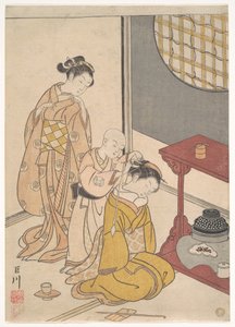Night Rain at the Double-Shelf Stand, from the series Eight Parlor Views by Suzuki Harunobu