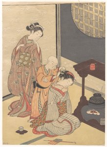 Night Rain at the Double-Shelf Stand, from the series Eight Parlor Views by Suzuki Harunobu