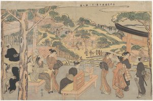 Osen of the Kagiya Teahouse at Kasamori Shrine with a View of Nippori in Yanaka by Suzuki Harunobu