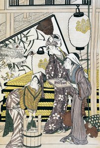 Servants toiling in home, ukiyo-e art print, Japanese civilization, Edo period