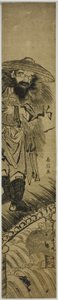 Shoki (Chinese: Zhong Kui), the demon queller, standing on a bridge