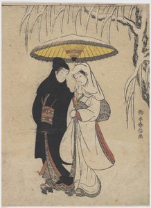Young Lovers Walking Together under an Umbrella in a Snow Storm by Suzuki Harunobu