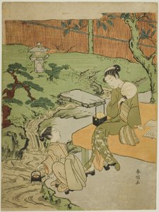 Two Girls Enjoying the Evening Cool in a Garden by Suzuki Harunobu