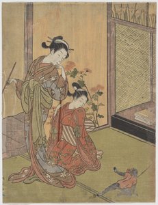 Two Girls Looking at a Monkey on a Leash by Suzuki Harunobu