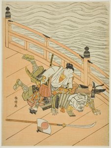 Ushiwakamaru and Benkei Fighting on Gojo Bridge by Suzuki Harunobu