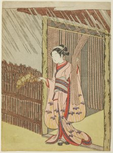 Woman Holding a Branch of Kerria Flowers in the Rain by Suzuki Harunobu