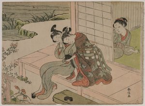 Woman Watching Young Couple Embrace on a Veranda by Suzuki Harunobu
