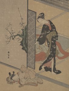 Young Lady Looking through Door at Her Kamuro Little Servant who is Asleep on the Floor by Suzuki Harunobu