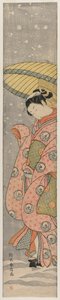Young Woman Standing Under an Umbrella in the Snow by Suzuki Harunobu