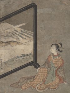 Young Woman with a Pipe in Her Hand Gazing at Landscape Painted on a Screen by Suzuki Harunobu
