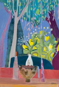 Still Life with Bowl and Three Vases with a Backdrop of Trees by Suzy Fasht