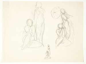 Study Sheet with Three Drafts for a Group with Standing and Sitting Woman