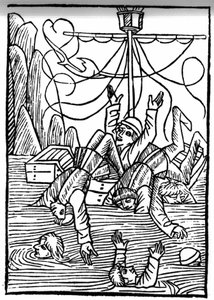 The Legend of Saint Brendan (Brandan), Hero and Irish Saint of the 6th century. Ships are sinking in the Cleves Sea. Engraving of 