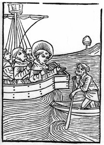 The Legend of Saint Brendan: Confreres Meet a Dwarf at the End of the World. Engraving of Die Wunderbare Meerfahrt des Hl. Brandan by Swiss School