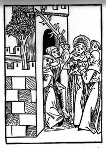 The legend of Saint Brendan (Brandan), hero and Irish saint of the 6th century. One of the monks is imprisoned. Engraving of "Die Wunderbare Meerfahrt des Hl. Brandan." Bale by Swiss School