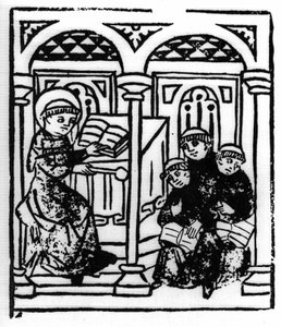 The legend of Saint Brendan (Brandan), hero and Irish saint of the 6th century. The saint recounts the wonders of the sea to his confreres of the monastery. Engraving of "Die Wunderbare Meerfahrt des Hl. Brandan." Bale by Swiss School
