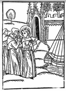 The legend of Saint Brendan, Irish saint of the 6th century. The monks and Saint Brendan discover the Earthly Paradise. Engraving of 