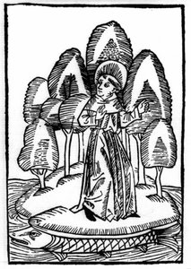 The legend of Saint Brendan (Brandan), hero and Irish saint of the 6th century. The saint is on a forest on the back of a fish. Engraving of 