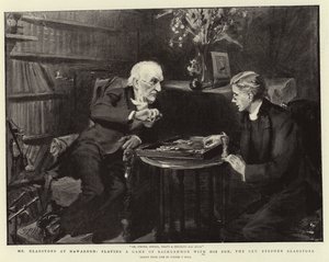 Mr Gladstone at Hawarden, playing a Game of Backgammon with his Son, the Reverend Stephen Gladstone by Sydney Prior Hall