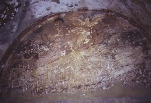 Fresco depicting an angel over two figures lying on the ground, from the Apodyterium, early 8th century
