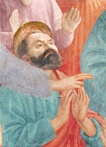 The Head of St. Paul, from the Raising of the Son of Theophilus, and St. Peter Enthroned as First Bishop of Antioch, c.1427 and c.1484-85 (detail)