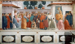 The Raising of the Son of Theophilus, the King of Antioch, and St. Peter Enthroned as First Bishop of Antioch, c.1427 and c.1480 by T. Masaccio, F. Lippi