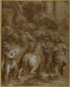 Horses and men, facing right