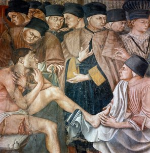 Care of the sick in a hospital, nurses wash the feet of a wounded pilgrim (Detail)