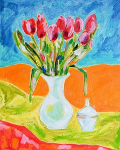 Red Tulips In Vase by Tamara Jare