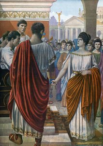 Roman Antiquity: Hortensia, leader of the Roman matrones hit by a new tax, advocates for them to the Triumviri, 42 BC (Illustration by Tancredi Scarpelli)